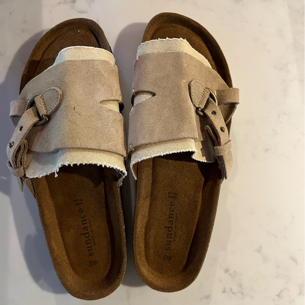 Sundance Catalog sandals.  Rustic natural cork sole.  Cushioned footbed